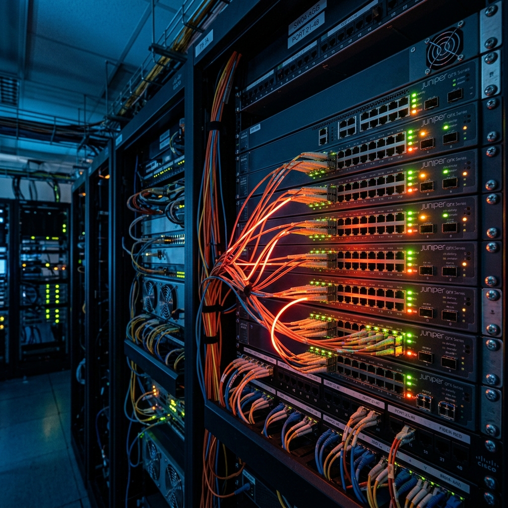 Rack de telecomunicaciones con fibra óptica
